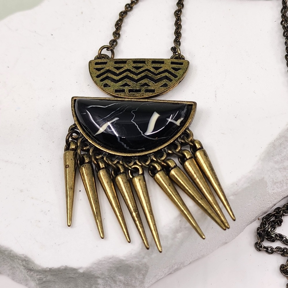 Gold Tone Black Faux Stone Tribal Spike Fringe Statement Pendant Necklace Boho